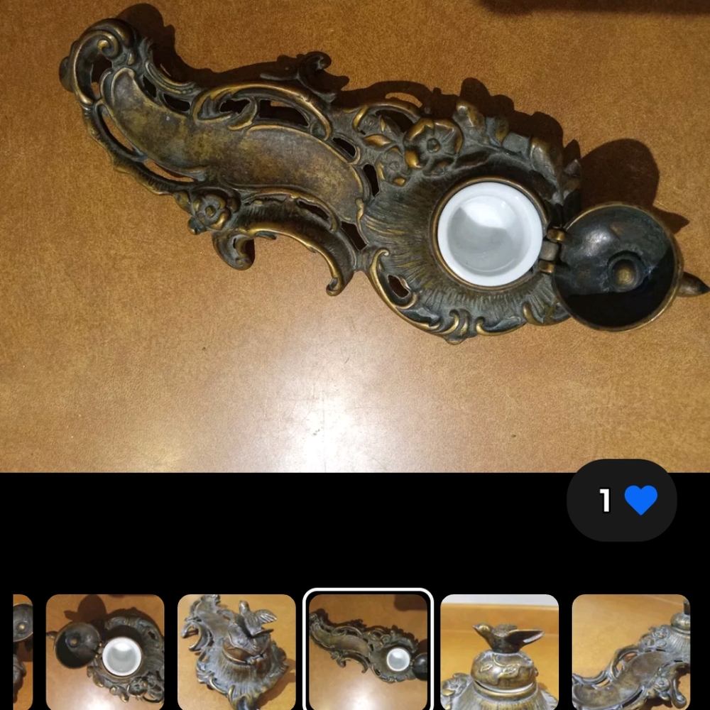Antique ART NOVEAU BRASS  INKWELL Desk Decoration Art Deco Style Decor Pen + Ink